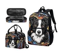 Garronmavis Spalsh Ensemble de 3 cartables à motif fluide de 43,2 cm pour adolescent Lotus Mandala Sac à dos esthétique champignon boîte à déjeuner trousse à crayons, Galaxy Border Collie, Ensemble