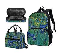Garronmavis Van Gogh Starry Night Sac à dos d'école Motif vache et drapeau américain 43,2 cm, Peinture à l'huile rétro Van Gogh Irises, Ensemble cartable