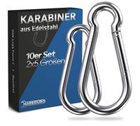 GARSIDURO Lot de 10 mousquetons en acier inoxydable - 5 tailles - DIN 5299 - Mousqueton de pompier avec fermeture à cliquet - Convient comme porte-clés ou pour les charges lourdes et laisse de chien
