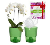 Garten lux Lot de 2 Pots Auto-arrosants pour orchidées - Vert, Ø 16cm, Pot d'orchidée 2.7L (Pot intérieur 1.9L Trous de vidange avec mèche) + Support d'orchidée 5L pour Tous Types d'orchidées