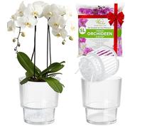 Garten lux Lot de 2pots à arrosage Automatique pour orchidées-Transparent, Ø16cm, Pot pour orchidées 2,7L (Pot intérieur 1,9L avec Trous de Drainage et mèche)+5L de substrat pour orchidées