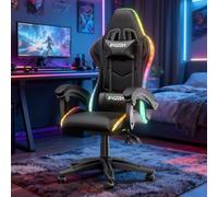 GartistGo Chaise de gaming avec éclairage LED, chaise longue ergonomique avec lumière RVB, appui-tête réglable et support lombaire, en cuir synthétique, hauteur et inclinaison réglables, noir