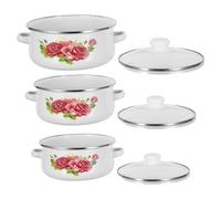 GARVALON Ensemble de 3 Marmites en Émail Blanc à Motif Floral 16/18/20 CM avec Double Poignée et Couvercle en Verre Batterie Cuisine Antiadhésive Compatible Gaz Induction et Électrique