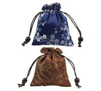 GARVALON Lot de 2 Paquet à Cordon en Tissu de Style Chinois 10x12 Cm, Double Couche, Bleu Motif Plum Blossom Café Motif Vagues, Pochettes à Bijoux Polyvalentes pour Rangement Présent