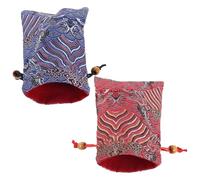 GARVALON Lot de 2 Pochettes en Brocart de Soie à Double Compartiment avec Perles en Bois, Sachets de Rangement pour Bijoux, Bonbons et Présents, Motifs Feuille de Ficus, Fête et Voyage,