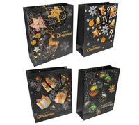 GARVALON Lot de 4 Paquet Présents de Noël en Papier Kraft Noir 26X32X10 CM Poignée Pochette d'Emballage pour Bonbons et Collations Accessoires de Fête Polyvalents pour Emballage Festif