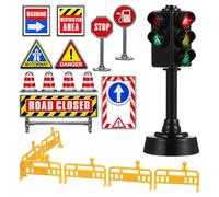 GARVALON Mini Panneaux de Éducatifs pour Garçon et Filles, Lot 6 Cônes Miniatures 12 Autocollants Routiers Grand Feu de Circulation 5 LED, Jouet Pédagogique pour Apprentissage du Code