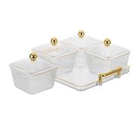 GARVALON Plateau de Service Compartimenté Transparent avec Couvercles Support Doré Bols Amovibles pour Fruits Noix Apéritifs et Fruits Secs Plat Snack Divisé pour Réceptions et