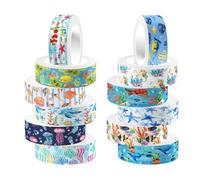 GARVALON Rubans Adhésifs Washi Décoratifs Transparents Thème Océan 12 Rouleaux Autocollants Scrapbooking Papier Journal Lettres Sardines Homard Bricolage Créatif