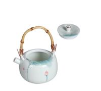 GARVALON Théière Porcelaine Peinte Main avec Anse Bambou Théière Traditionnelle Chinoise pour Infusion de Thé Lotus Surface Lisse pour Maison et Bureau