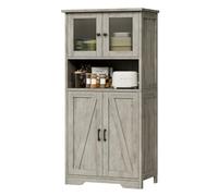 Garvee 130 cm Buffet Haut Cuisine, Meuble De Rangement, Vaisselier, Vitrine à 4 Compartiments pour Cuisine, avec Portes en Verre Et Étagères Réglables, pour Micro-Ondes, Style Moderne（Gris）