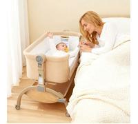 GARVEE 3 en 1 Lit Cododo Bébé Pliable avec Hauteur Réglable,Moustiquaire Amovible,Panier de Rangement, Roulettes 360°, Kaki