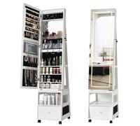 Garvee Armoire à Bijoux Tournante 360° avec Miroir Plein Pied LED Et Verrou - 3 Étageres, Tiroir Et Grand Rangement - Meuble Blanc Autoportant Organisateur pour Femme