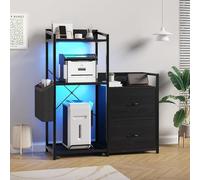 Garvee Armoire Imprimante 3 Étagères avec Éclairage LED RGB Et Station De Charge - Support avec Tiroirs, Espace pour Tour PC Et Fax - Meuble De Bureau Équipé