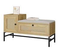 Garvee Banc De Rangement en Rotin avec Tiroir, Coffre De Rangement en Bois avec Coussin en Lin, Banquette Rembourrée pour Chambre, Entrée, Salon 100 x 38 x 46 cm