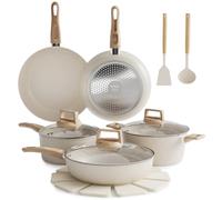 Garvee Batterie de cuisine aluminium poignée fixe imitation bois 14 pièces Blanc