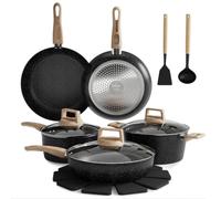 Garvee Batterie de cuisine aluminium poignée fixe imitation bois 14 pièces Noir