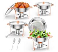 Garvee Buffets Chauffants Ronds 4PCS Chafing Dish, Plat-réchaud Set Professionnel 5L avec Cadre Pliable pour Buffets Traiteurs Fêtes Buffets Serveurs Mariages Pique-niques
