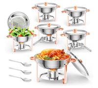Garvee Buffets Chauffants Ronds 6PCS Chafing Dish, Plat-réchaud Set Professionnel 5L avec Cadre Pliable pour Buffets Traiteurs Fêtes Buffets Serveurs Mariages Pique-niques
