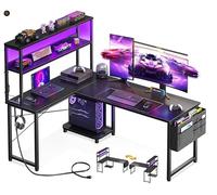 Garvee Bureau d'angle l avec Tiroir - Prise Électrique Et LED pour Bureau Maison Et Gaming
