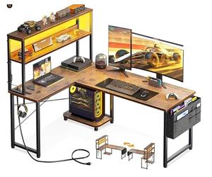 Garvee Bureau d'angle l avec Tiroir - Prise Électrique Et LED pour Bureau Maison Et Gaming