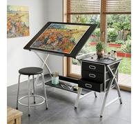 Garvee Bureau de Dessin Moderne réglable - Table de Travail Artistique à Plateau inclinable avec Tabouret et 3 tiroirs - Parfait pour Le Bureau à Domicile, Dessin ou Peinture - 128,3 x 61 x 114,3 cm
