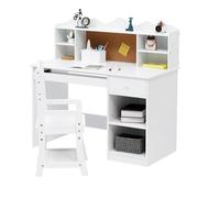 Garvee Bureau et Chaise pour Enfants, Ensemble Table et Chaise en Bois avec Étagère de Rangement, Tableau d'affichage, Support pour Clavier et Porte-Stylo, Table d'étude pour Chambre Enfant