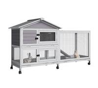 Garvee Cage à 2 Niveaux pour Petits Animaux - Toit imperméable, Roues, Rampe antidérapante, 4 Portes, Plateau Amovible - Niche en Bois pour Lapins, grottes, furets, intérieur et extérieur - Gris
