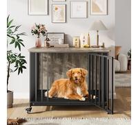 Garvee Cage pour Chien Robuste sur roulettes, Meuble chenil intérieur avec Plateau Amovible - Table d’appoint Bois - Porte verrouillable, Design Vintage Noir & Brun - pour Chiens Petits/Moyens -