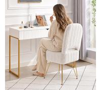 Garvee Chaise Coiffeuse Carré Avec Rangement Et Dossier Rabattable, Blanc | Ottoman Carré Rembourré en Tissu Bouclé Peluche, Siège Maquillage Chambre/Salon, Pieds Métal Doré, 38.5x41x78cm