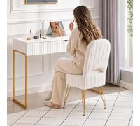 Garvee Chaise Coiffeuse Carré Avec Rangement Et Dossier Rabattable, Blanc | Ottoman Carré Rembourré en Tissu Bouclé Peluche, Siège Maquillage Chambre/Salon, Pieds Métal Doré, 33.5x36x76cm