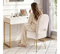 Garvee Chaise Coiffeuse Carré Avec Rangement Et Dossier Rabattable, Blanc | Ottoman Carré Rembourré en Tissu Bouclé Peluche, Siège Maquillage Chambre/Salon, Pieds Métal Doré, 38.5x41x78cm