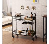 Garvee Chariot de Bar Roulant 2 Niveaux - Compact et Portable - Étagères Miroir, Porte-Bouteilles, Porte-Verres - pour Salon, Salle à Manger, Cuisine, fêtes - Finition Noir + Miroir