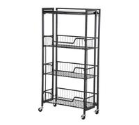 Garvee Chariot de Cuisine Pliable à 4 Niveaux avec Paniers et Plateau en Bois, Meuble de Rangement pour Cuisine avec roulettes, pour Ranger Fruits, Légume