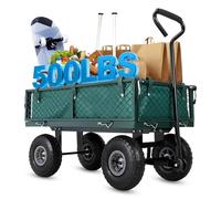 Garvee Chariot de Jardin Pliable en Acier 500 lbs - Côtés Amovibles - Roues 25 cm - Poignée rotative 180° - Idéal supplérieur, Plage, Ferme - Vert/Gris, bâche Verte, Tapis Caoutchouc, Sangles (440