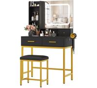 Garvee Coiffeuse avec éclairage LED et tabouret, coiffeuse avec grand miroir, 3 modes d'éclairage et intensité réglable,noir et or