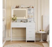 Garvee Coiffeuse avec Miroir Éclairé Et 4 Tiroirs en Tissu 90x40x130 cm | Table de Maquillage Blanche Gain de Place pour Rangement Cosmétiques, Meuble de Beauté Moderne pour Chambre Fille Femme