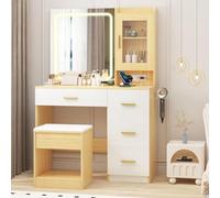 Garvee Coiffeuse avec Miroir LED, 3 Températures De Couleur, Coiffeuse Moderne avec 4 Tiroirs, Prises Intégrées, Support Sèche-Cheveux Et Tabouret Rembourré, pour Chambre