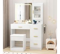 Garvee Coiffeuse avec Miroir LED, 3 Températures De Couleur, Coiffeuse Moderne avec 4 Tiroirs, Prises Intégrées, Support Sèche-Cheveux Et Tabouret Rembourré, pour Chambre