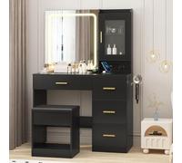 Garvee Coiffeuse avec Miroir LED, 3 Températures De Couleur, Coiffeuse Moderne avec 4 Tiroirs, Prises Intégrées, Support Sèche-Cheveux Et Tabouret Rembourré, pour Chambre