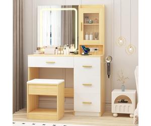 Garvee Coiffeuse avec Miroir LED, 3 Températures De Couleur, Coiffeuse Moderne avec 4 Tiroirs, Prises Intégrées, Support Sèche-Cheveux Et Tabouret Rembourré, pour Chambre