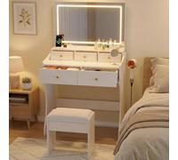 Garvee Coiffeuse avec Miroir LED, 5 Tiroirs, Luminosité Réglable, Prises électriques, Coiffeuse Transparente avec Tabouret pour Chambre à Coucher, Blanche