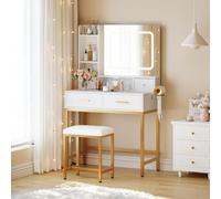 Garvee Coiffeuse avec Miroir LED Et Tabouret, 3 Modes d'Éclairage, 4 Tiroirs, Prise Électrique Intégrée & Étagères, Set De Maquillage Blanc Et Or pour Chambre