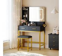 Garvee Coiffeuse avec Miroir LED Et Tabouret, 3 Modes d'Éclairage, 4 Tiroirs, Prise Électrique Intégrée & Étagères, Set De Maquillage Blanc Et Or pour Chambre