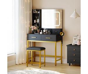 Garvee Coiffeuse avec Miroir LED Et Tabouret, 3 Modes d'Éclairage, 4 Tiroirs, Prise Électrique Intégrée & Étagères, Set De Maquillage Blanc Et Or pour Chambre