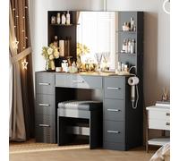 Garvee Coiffeuse De Maquillage avec Miroir LED Et 7 Tiroirs - Coiffeuse Blanche avec Rangements Intégrés, Prises USB, Porte-Sèche-Cheveux, Tabouret Inclus - Idéale pour Petit Espace Ou Famille