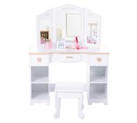 Garvee Coiffeuse en Bois pour Enfants avec Tabouret et Miroir Triple, Table de Maquillage pour Filles, avec Tiroirs de Rangement pour Enfants 3+ Ans