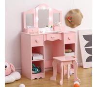 Garvee Coiffeuse Enfant avec Miroir, Table De Maquillage Princesse 2-en-1 en Bois avec Tabouret, Miroir Tri-Face Amovible & Tiroir, Table De Toilette Jeu De Rôle pour Petites Filles
