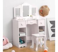 Garvee Coiffeuse Enfant avec Miroir, Table De Maquillage Princesse 2-en-1 en Bois avec Tabouret, Miroir Tri-Face Amovible & Tiroir, Table De Toilette Jeu De Rôle pour Petites Filles