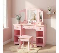 Garvee Coiffeuse Enfant Fille, Coiffeuse Enfant Princesse avec Miroir et Tabouret, Bureau 2 en 1 en Bois MDF Rose pour Chambre d'enfant, Idéal Cadeau d'anniversaire pour Fille 4-9 Ans
